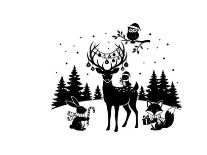 Winter forest silhouette with deer rabbit fox and owl