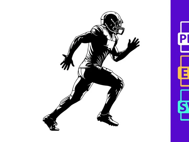 American football player in motion running with helmet and protective gear