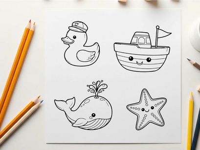 Cute sea animals and pirate ship flat design vector illustration