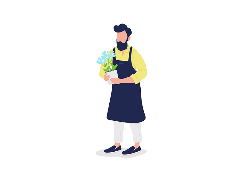 Male florist in apron with flower flat color vector faceless character