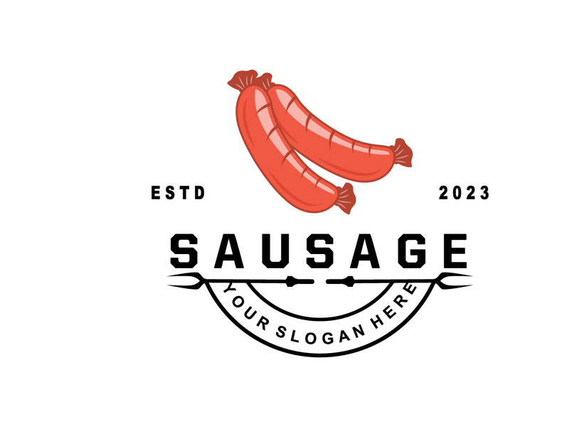 Sausage Logo, Vector Meat Fork and the Sausage Food, Restaurant Inspiration Design, Vintage Retro Rustic