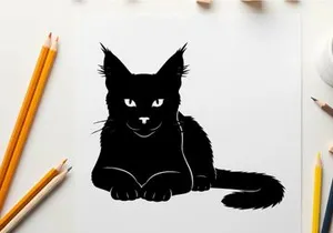 Silhouette of a black cat lying down looking forward