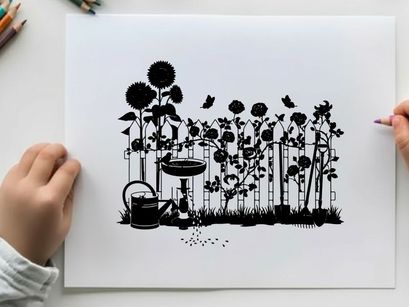 Silhouette of garden scene with flowers and birdbath silhouette