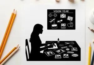 Silhouette of woman creating vision board with various images and objects silhouette