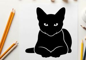 Black cat silhouette with white eyes and outline
