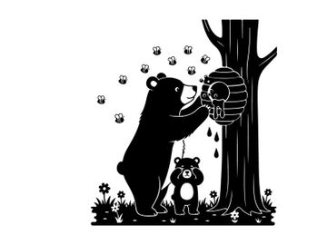 Silhouette of a bear and cub by a tree preview picture
