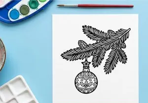 Hand-drawn Christmas ornament with pine branches and golden globe hanging for festive holiday decor