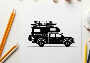 Silhouette of a truck with kayak and tent on top for outdoor adventure