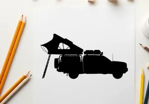 Silhouette of a pickup truck with a tent on the back