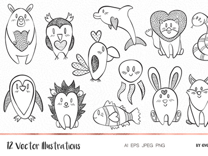 Valentine's Day Hand Drawn Animals Vector Illustrations