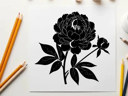 Silhouette of a blooming flower with leaves and bud