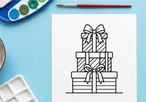 Stack of Christmas gift boxes with ribbons, black and white line art illustration.
