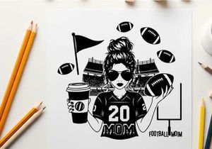 Football mom silhouette with footballs and coffee