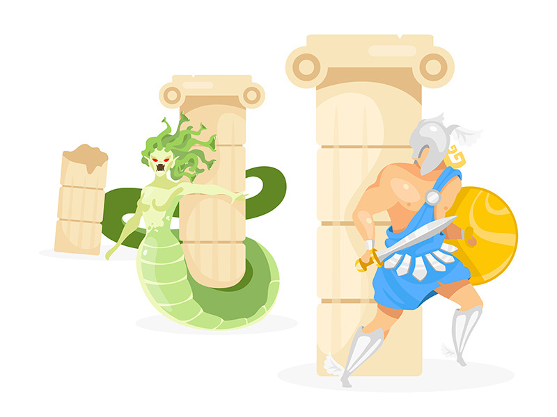 Perseus and Medusa flat vector illustration