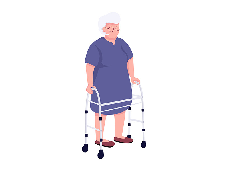 Senior woman using walker flat color vector faceless character