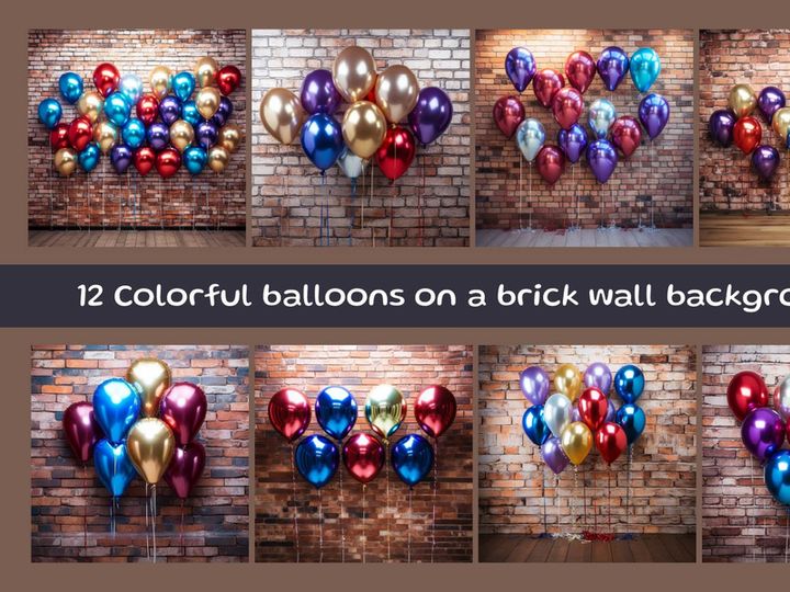 Colorful balloons on a brick wall background