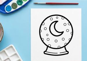 Cute cartoon alarm clock with crescent moon design. Hand-drawn timepiece featuring playful polka dots for kids and playful decor.