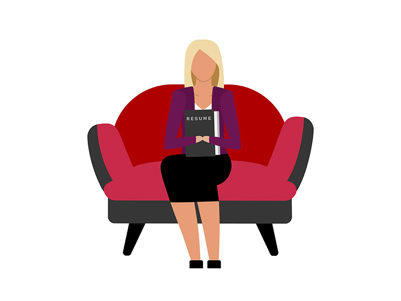 Girl with resume in armchair flat color vector faceless character