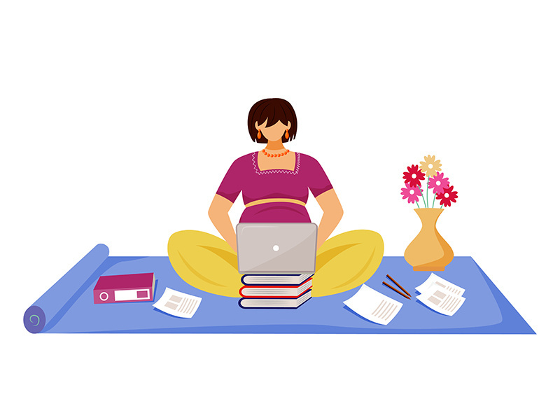 Pregnant woman working at laptop flat vector illustration
