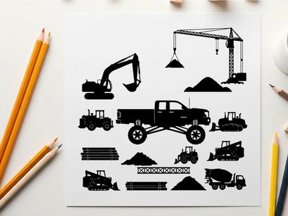 Construction vehicles and equipment silhouette illustrations