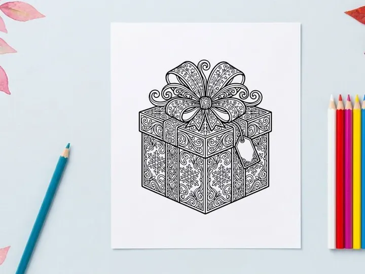 Christmas gift box with ornate floral patterns and a large decorative bow line art.