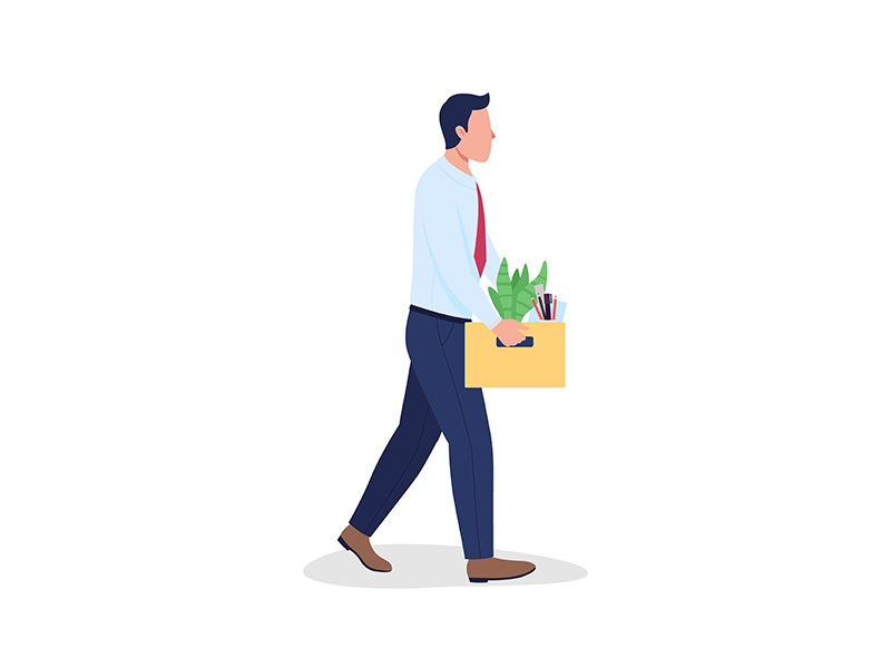 Fired employee holding cardboard box flat color vector faceless character
