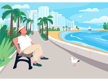 Man sitting on seafront street bench flat color vector illustration preview picture