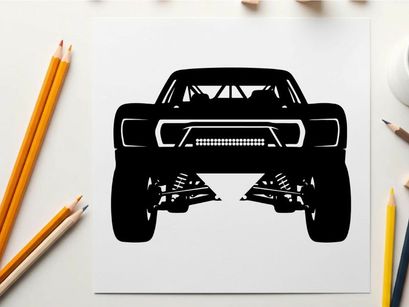 Silhouette of a rugged off road truck with large tires and suspension