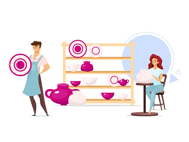 Man and woman in pottery studio flat color vector illustration