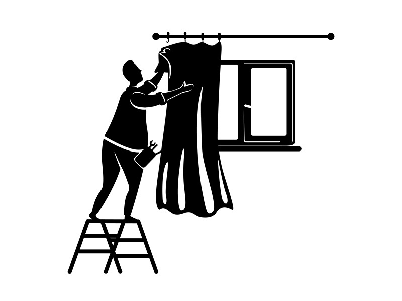 Man putting on curtains black silhouette vector illustration