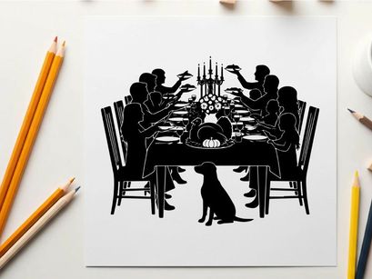 Silhouette of family and dog at dinner table with candelabra
