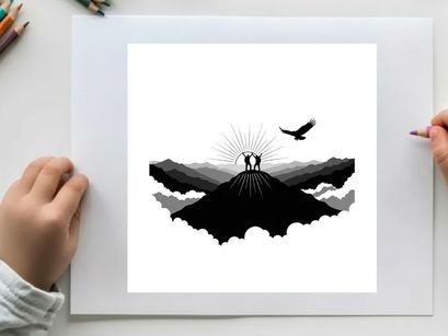Silhouette of lovers on mountain peak with bird and sun silhouette