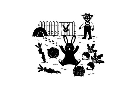 Silhouette of a rabbit and farmer in a garden scene