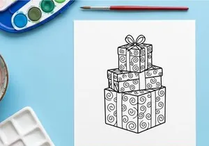 Stack of Christmas gift boxes with ribbons, black and white line art illustration.