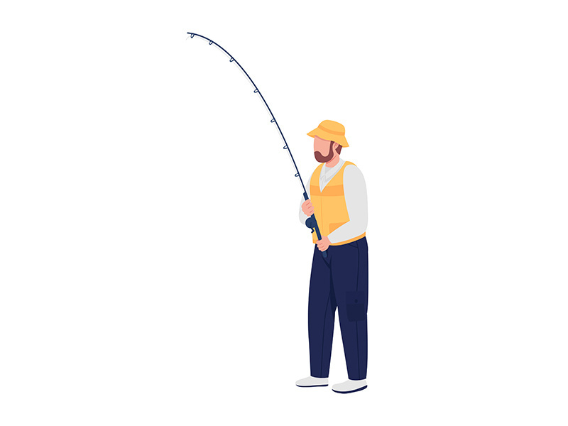 Bearded man with spinning rod semi flat color vector character