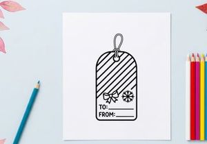 Schwarz-weißes Geschenkanhänger mit Schleife und Schneeflocken-Illustration