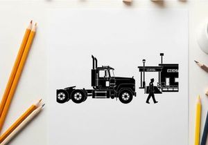 Silhouette of a man walking next to a semi truck and building
