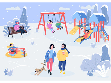 Winter playpark with visitors flat color vector illustration preview picture