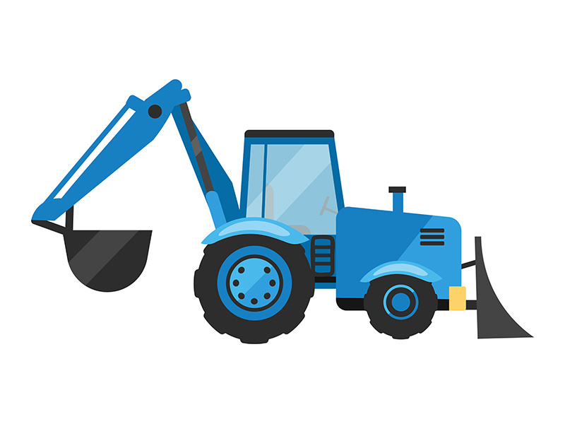 Blue tractor with digger and loader flat vector illustration