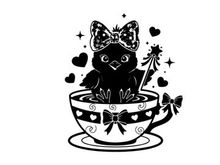 Adorable silhouette cat in decorative teacup with bow and wand silhouette