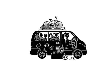 Family on road trip with bicycle on van silhouette