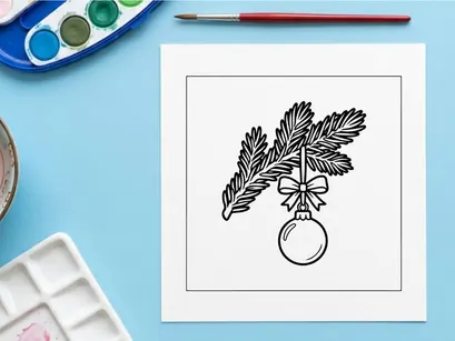 Christmas tree branch with hanging bauble ornament, festive holiday line art illustration