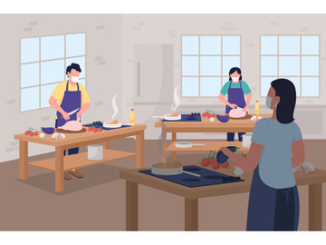 Cooking class during social distancing flat color vector illustration preview picture