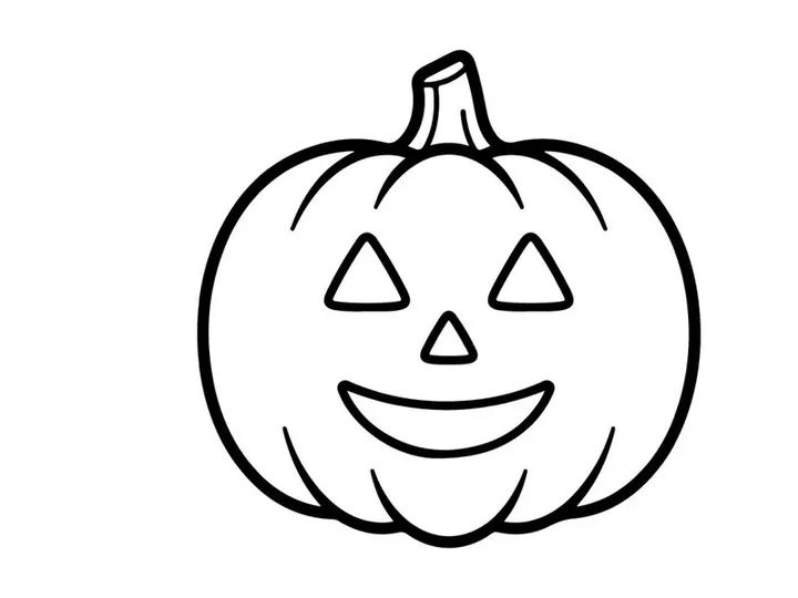 Hand-drawn Halloween pumpkin jack-o-lantern smiling face illustration. Cute black and white sketch of carved autumn squash with triangle eyes and t...