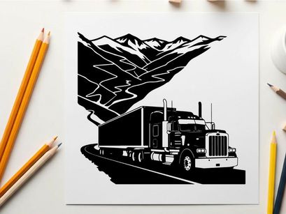 Semi truck silhouette driving on highway through mountain range