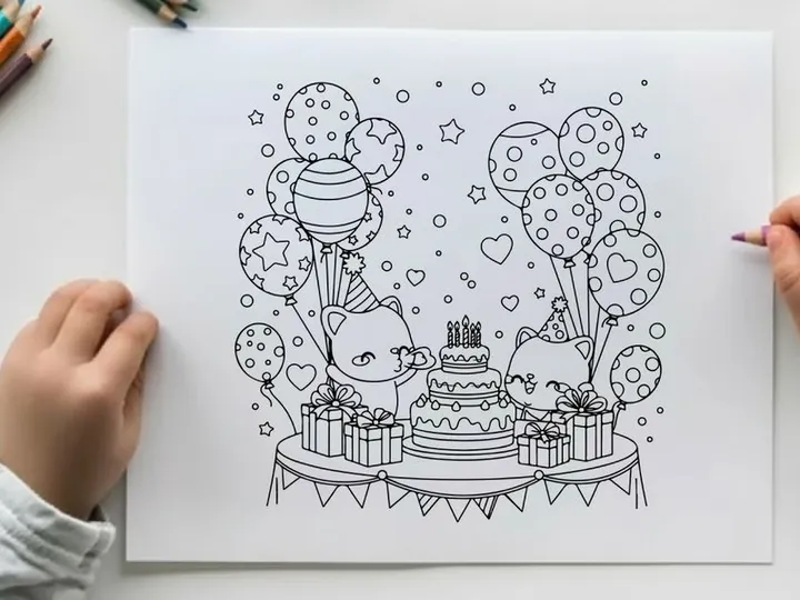 Birthday celebration with cake balloons gifts vector illustration