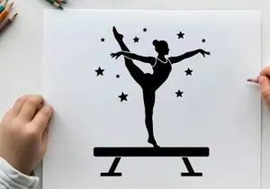 Silhouette of gymnast on balance beam with stars