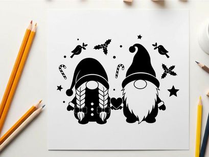 Black silhouette of two gnomes with birds and stars