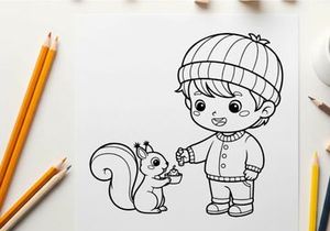 Boy feeding squirrel flat design vector illustration