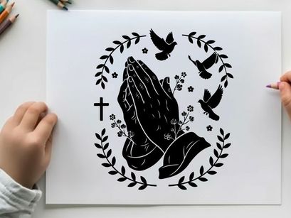 Praying hands silhouette with cross and doves
